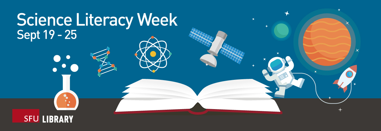 Science Literacy Week Banner Illustrations of science and research, such as books, test tubes, satellites. Text: Science Literacy Week, Sept 20-26.