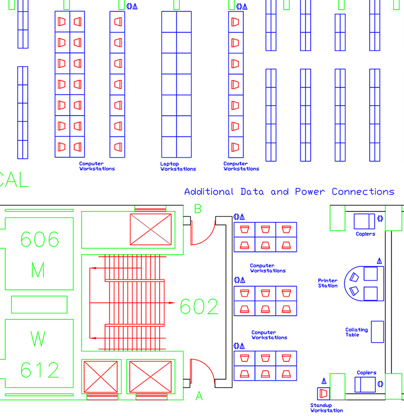 Floorplan showing locations of new furniture and computers on Bennett 6th floor.