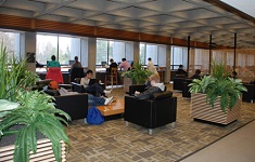 Students in lounge full of comfortable seating and plants, with patterned carpet.