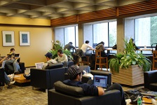 Students by window in new lounge with soft furniture, patterned carpet, new paint, and plants