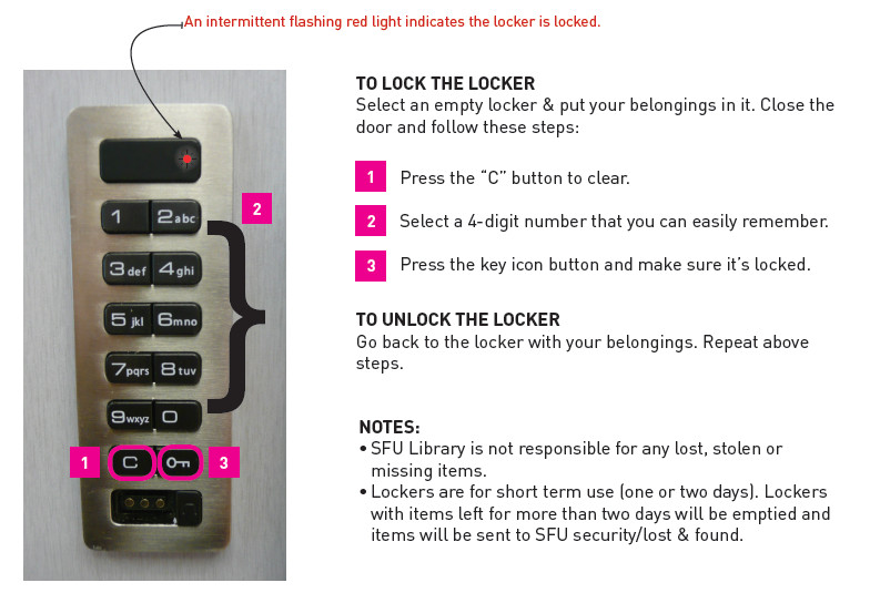 Instructions for locking and unlocking a locker in the Research Commons