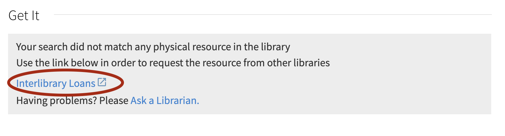 Interlibrary loan form link under Get it section.