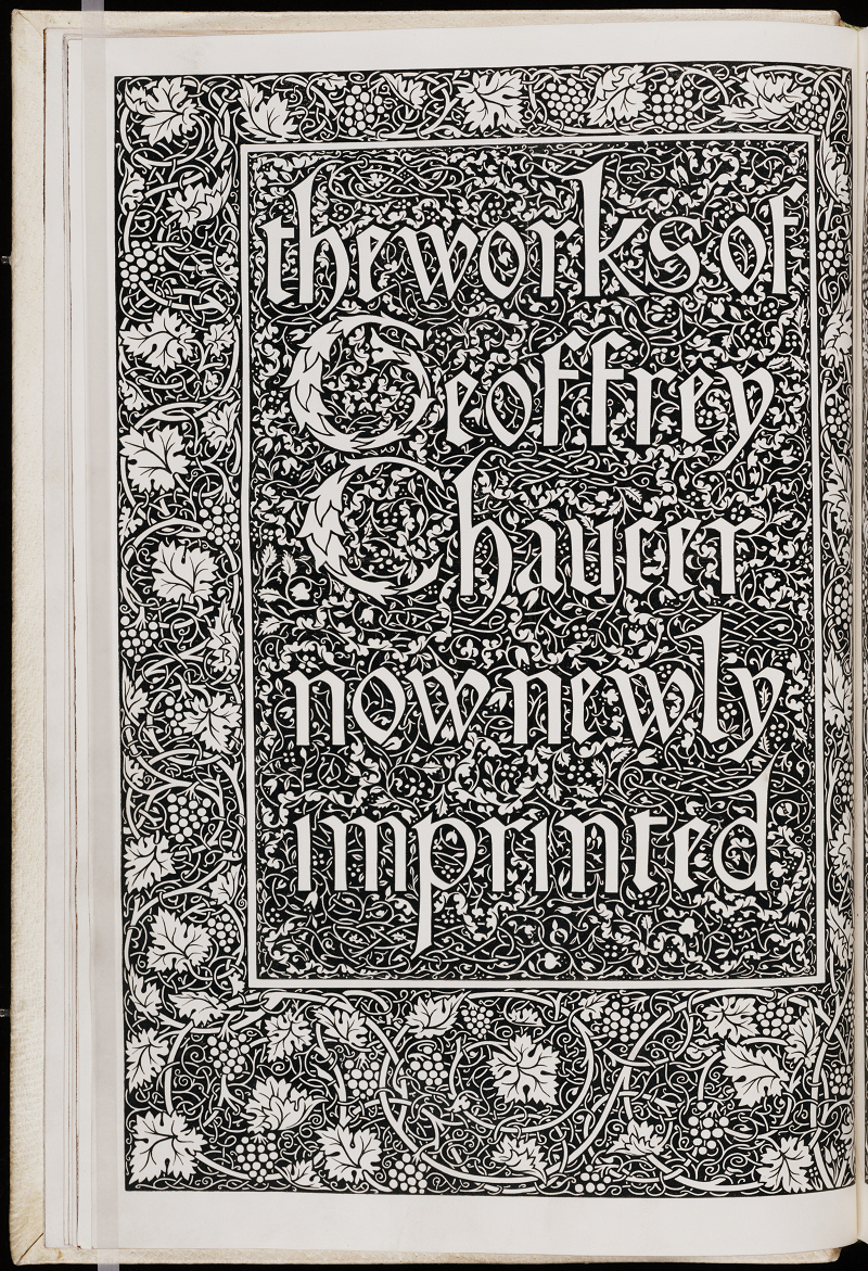 A digital scan of the title page of a 1896 edition of 'The Works of Geoffrey Chaucer, now newly imprinted.' The script is surrounded by ornate floral patterning. 
