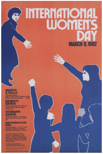 A poster, with the heading International Women's Day, 1982. Artwork on the poster depicts one woman reaching out to group of four other women with arms outraised, some in fists, others reaching out to one another. In smaller text on the bottom left of the poster are details about when and where the march takes place.