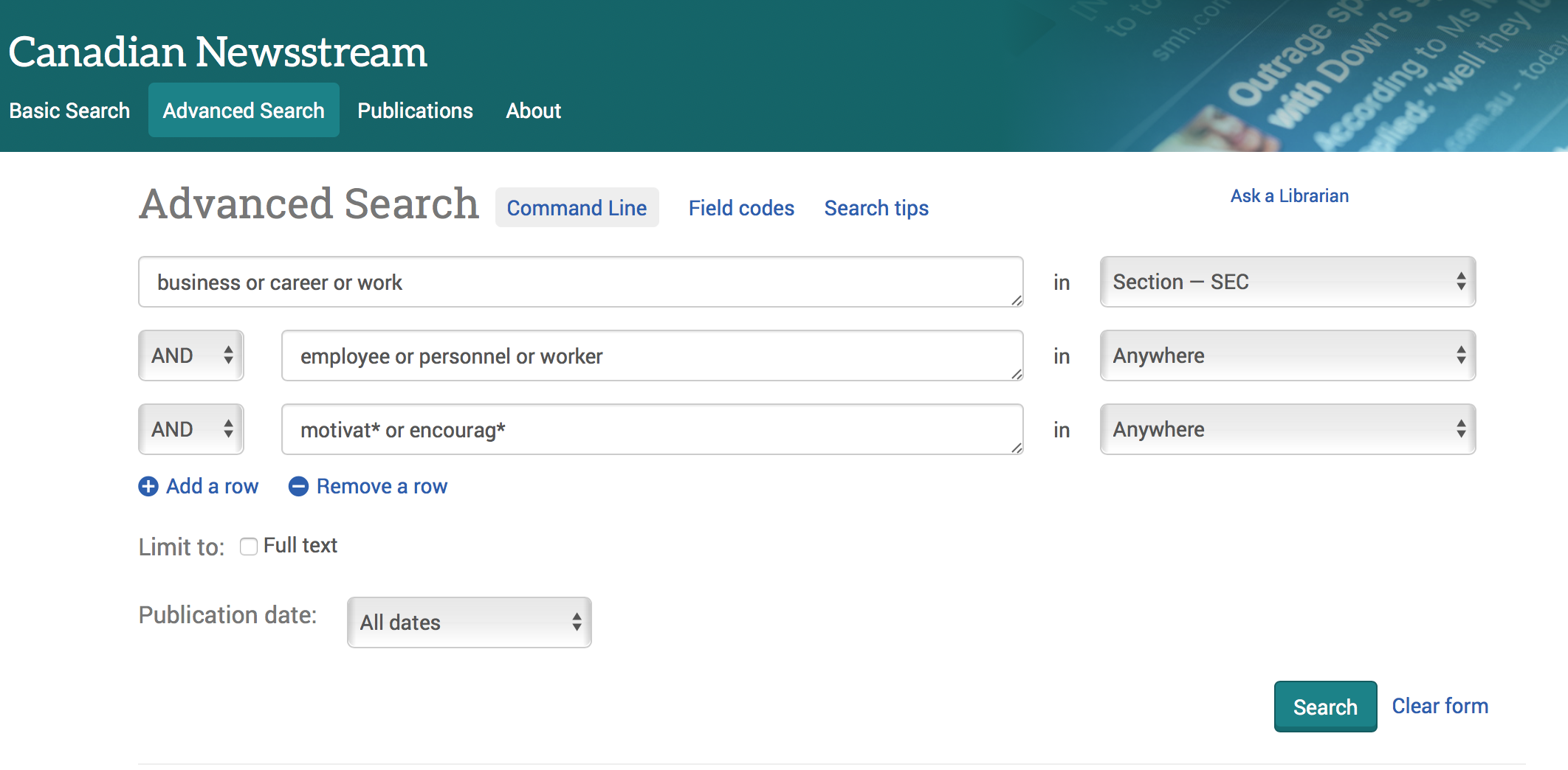 In main search box: "business or career or work." Then "And" is selected from drop-down menu, and "employee or personnel or worker" is typed in the next search box. An additional "And" is selected, and then the third search box has the term, "motivat*"