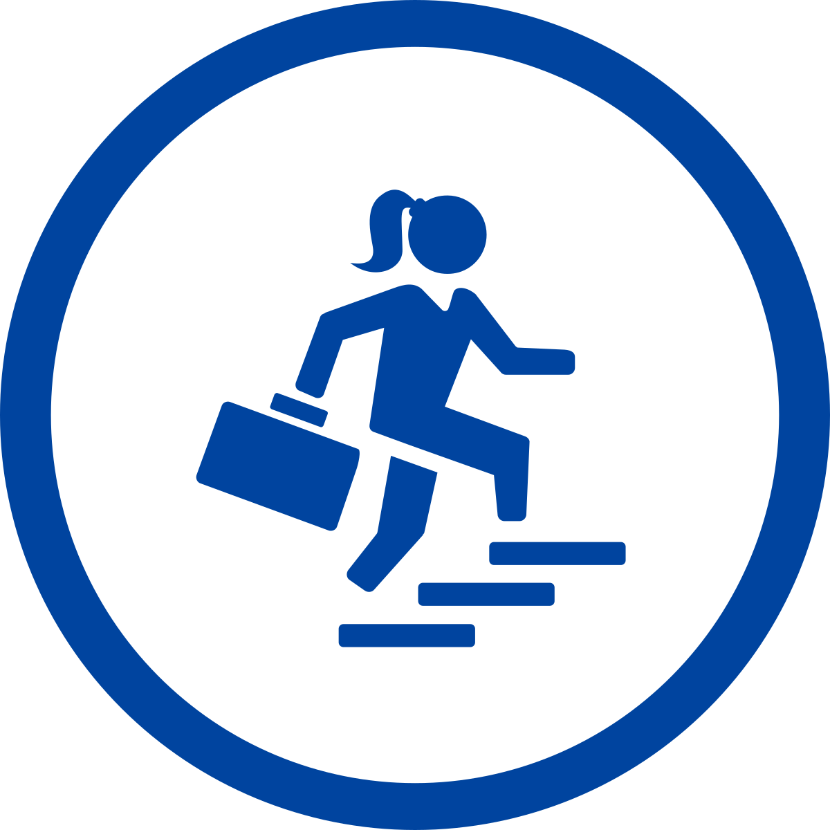 Simple line drawing of a person walking upstairs while carrying a briefcase.