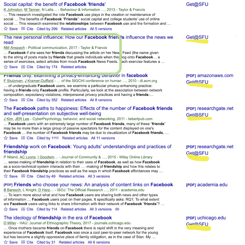 Screen shot of Google Scholar results