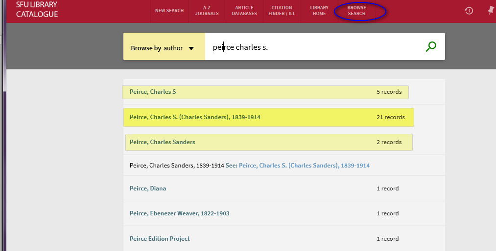 Search screen for Peirce, Charles S. as author