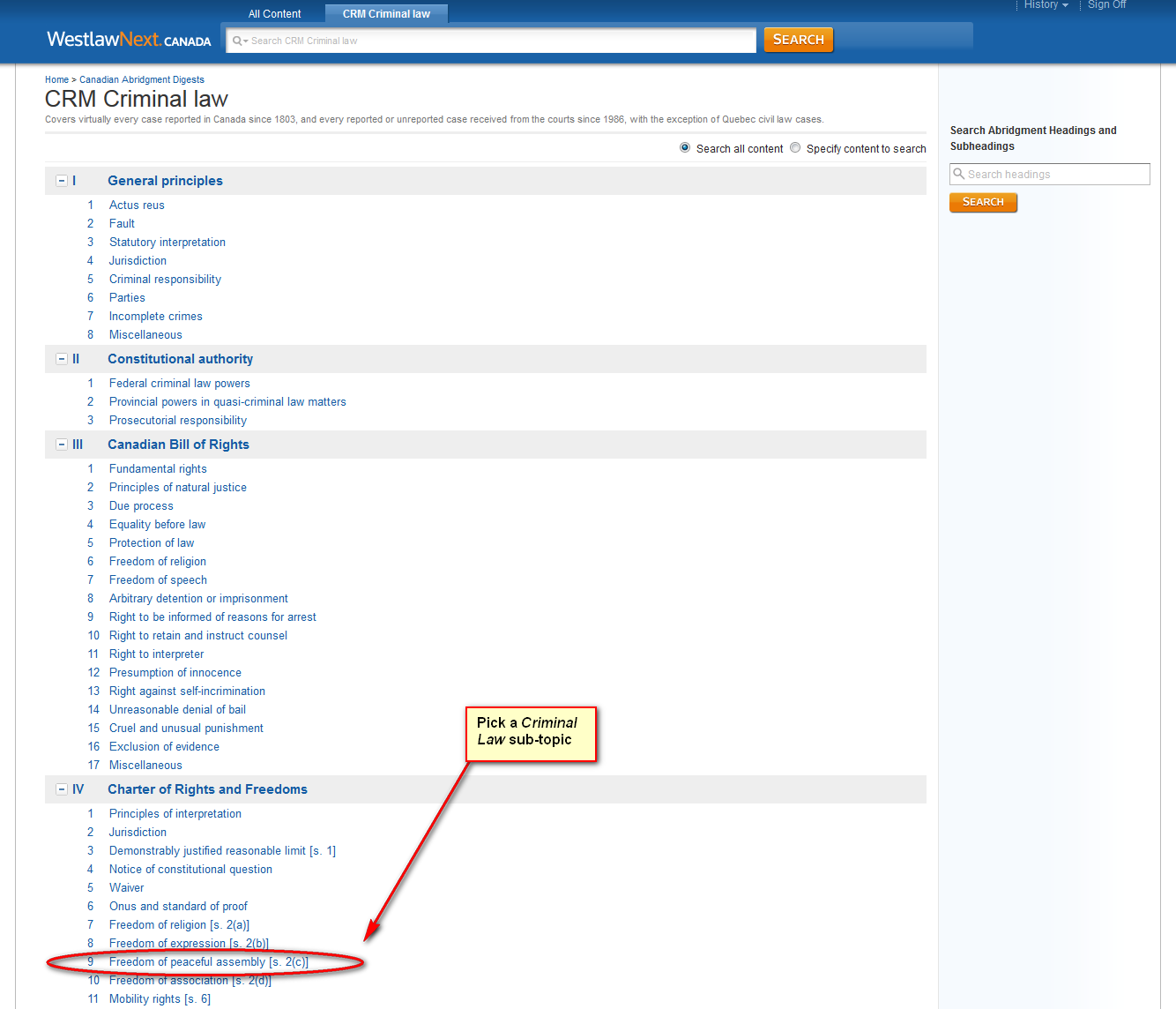 Screenshot of freedom of peaceful assembly link under general criminal law link