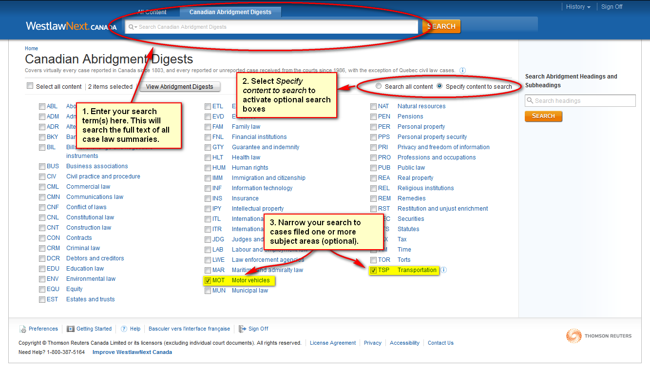 Enter your search term up top to search the full text of the case law summaries. Select specify content to search to activate optional search boxes. Optionally, narrow your search to cases filed under one or more subject areas.