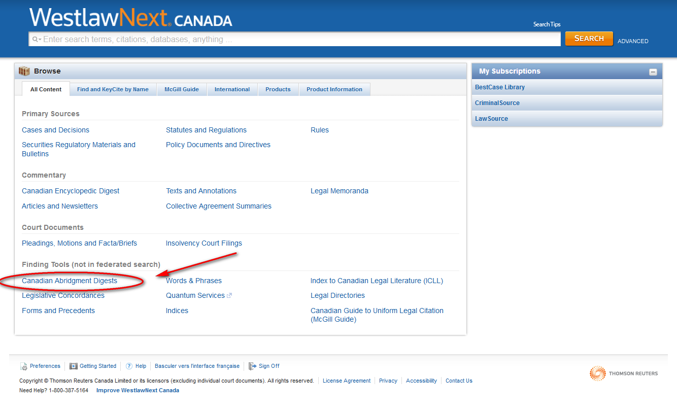 Screen shot of Westlaw search page with arrow pointing to Canadian Abridgment Digest link