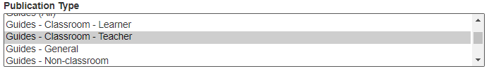 Screen capture of ERIC's advanced search, publication type filter, with guides - classroom - teacher selected