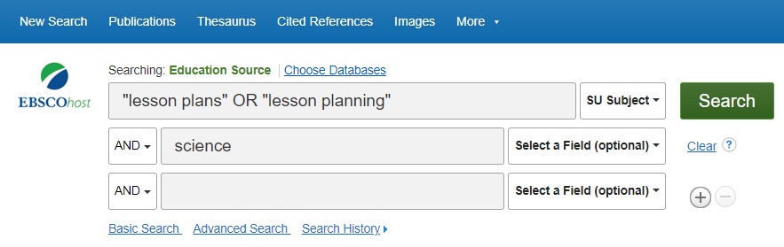 Screen capture of a sample search in Education Source database. "lesson plans" OR "lesson planning" appears in the first box, with SU Subject chosen from the drop-down menu on the right. The term 'science' appears in the next search box, preceded by 'AND' in the drop-down menu