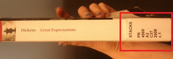 Spine of a book showing the call number.