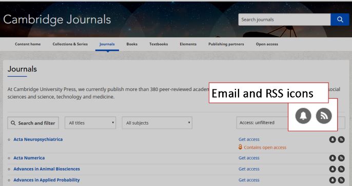 screenshot of the Cambridge Journals website showing the icons for RSS and email alerts