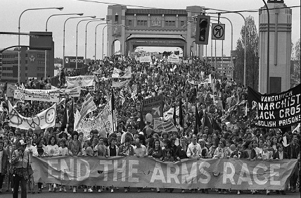 View of the head of the Walk for Peace crowd on the Burrard Street Bridge