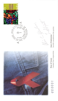 First Day Cover of Canada's AIDS stamp, signed "Blair Henshaw lobbyist"