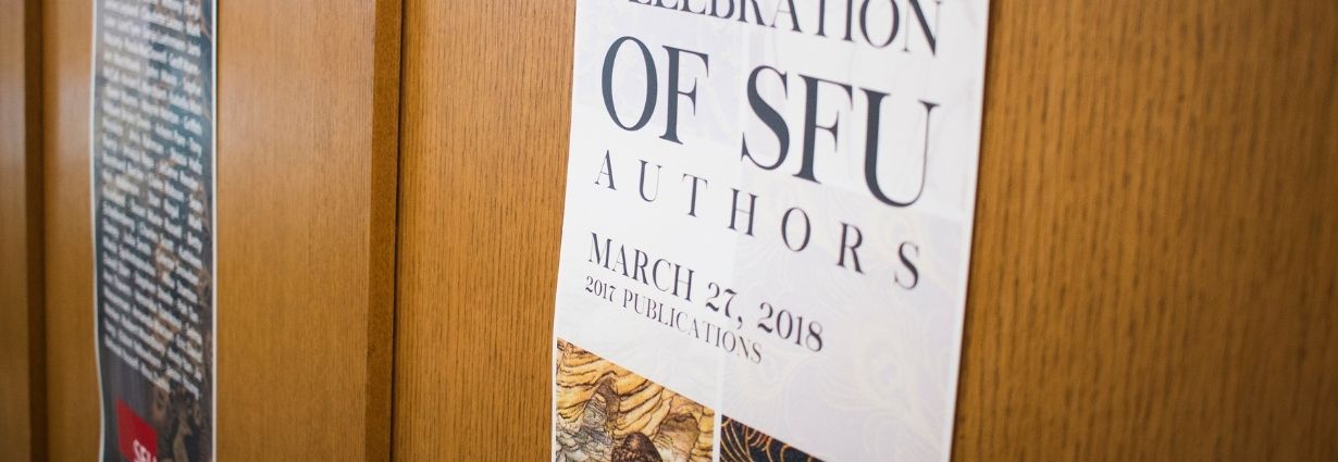 Poster of the 2018 SFU Celebration of Authors hanging on a wall in the Special Collections and Rare Books reading room