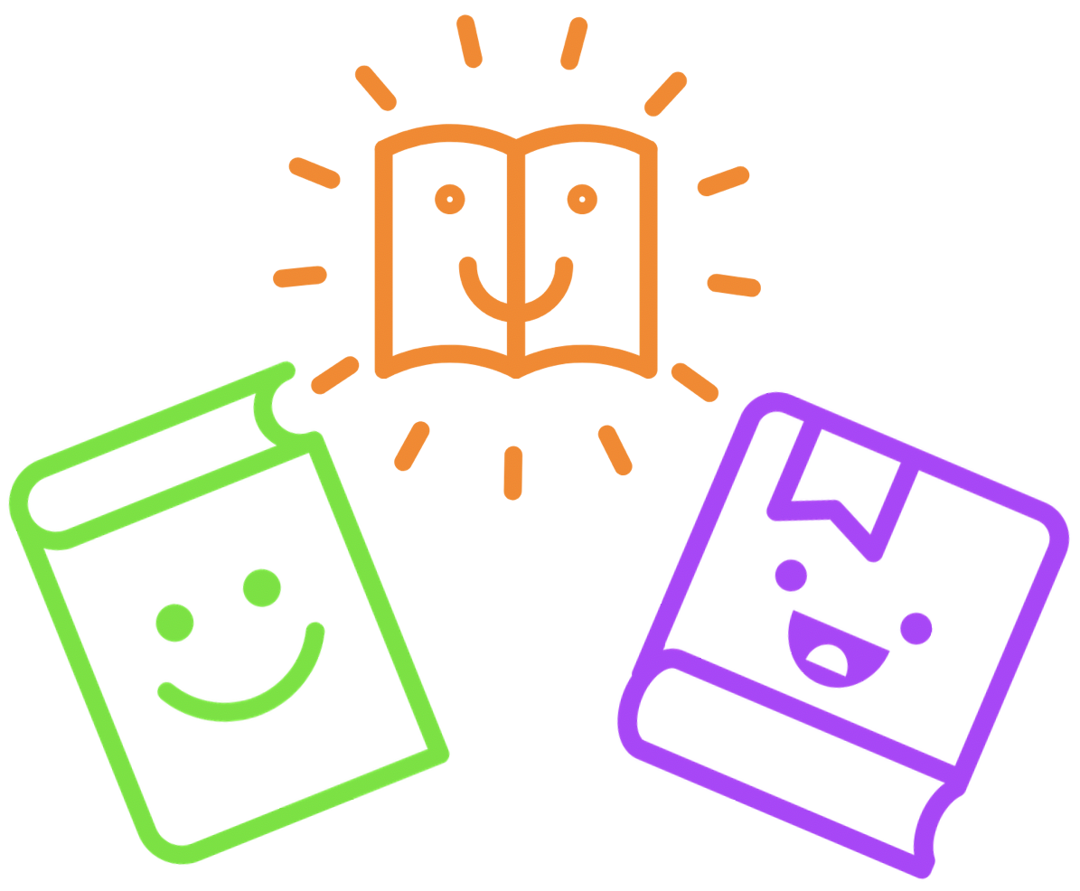 colourful line drawing of three books with smiling faces