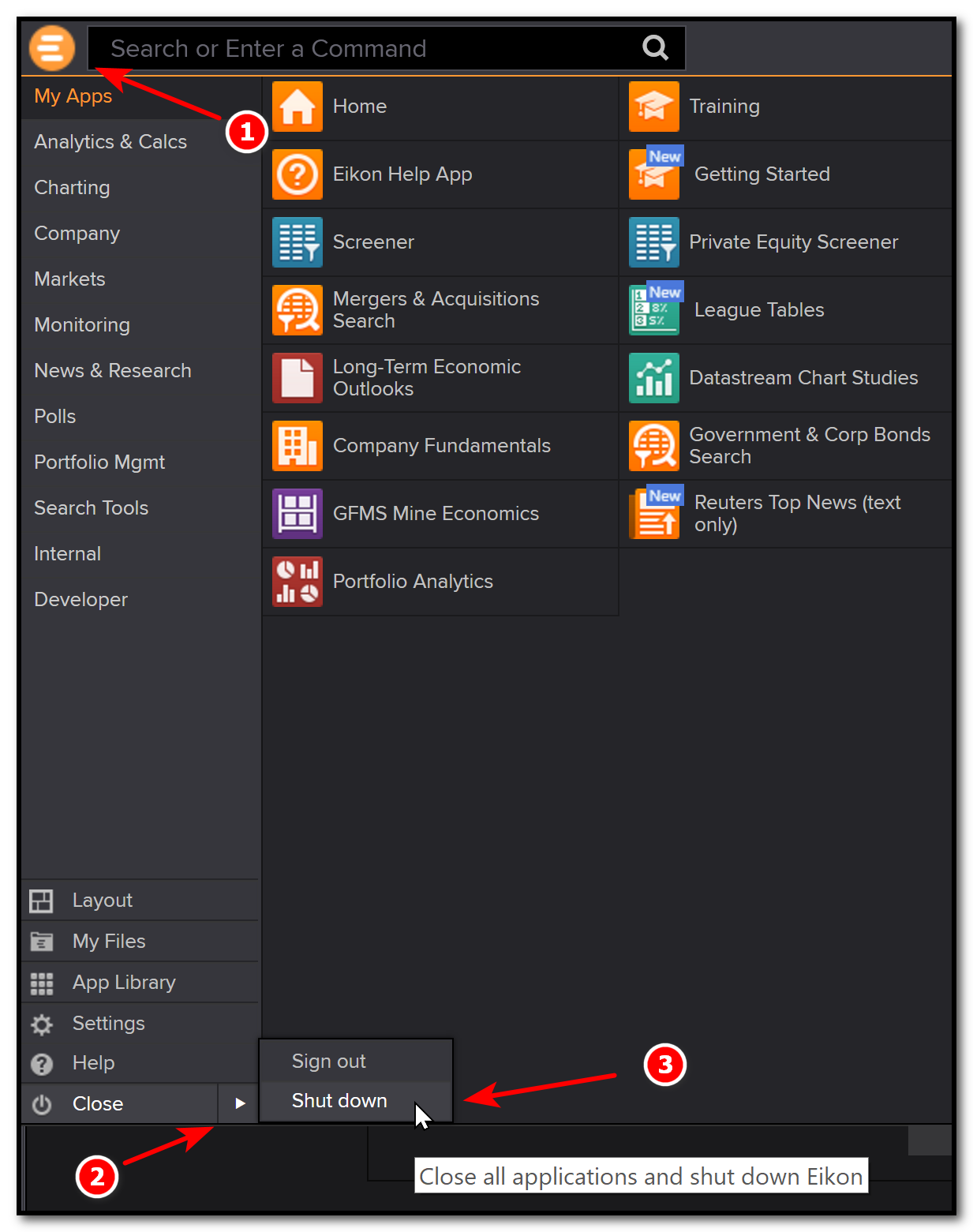 Eikon icon and close and shut down options