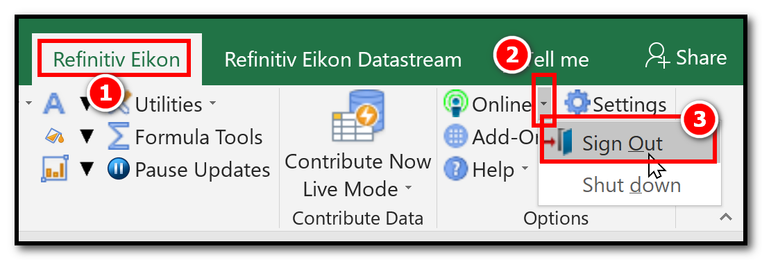Screen capture showing the steps needed to sign out of the Thomson Reuters Eikon Add-In within Excel: Select the Thomson Reuters tab, then click on the arrow next to Online and select Sign Out.