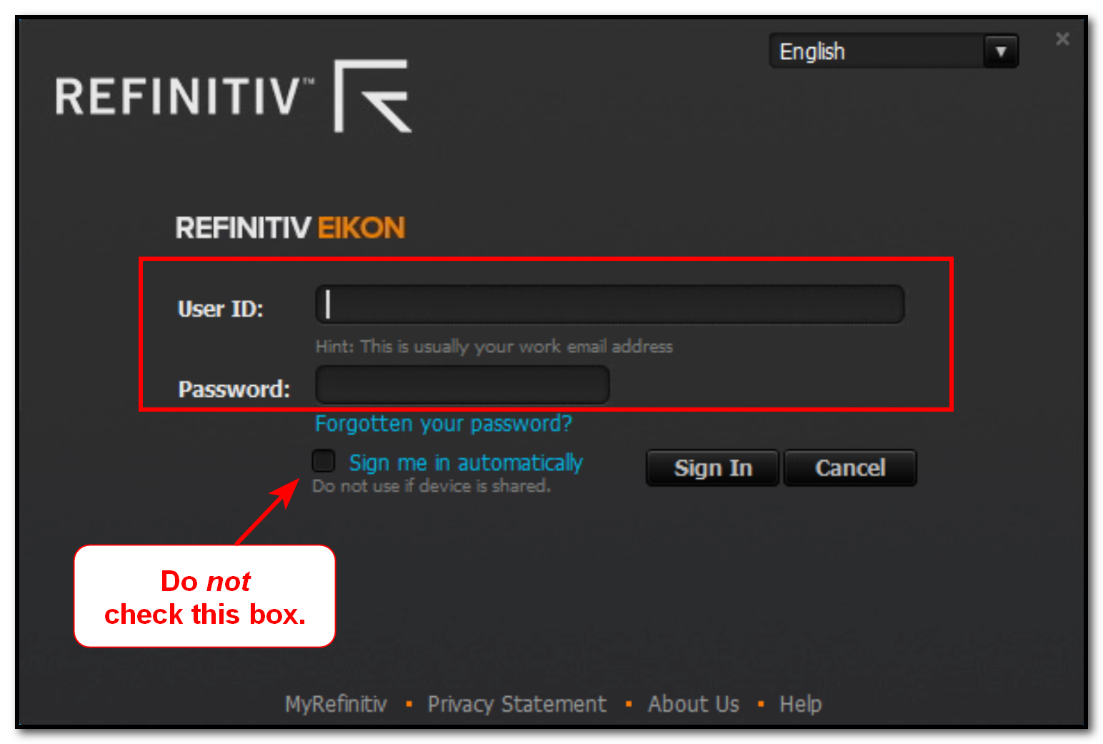 Thomson Reuters User ID and Password form