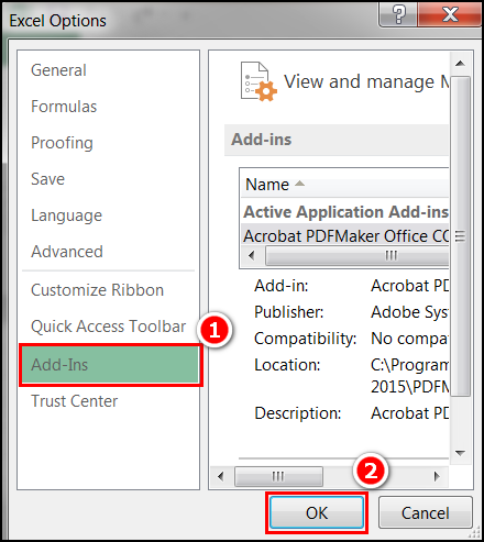 Select Add-ins and then click on ok