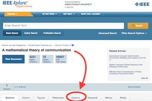 An arrow points from the article title, "A mathematical theory of communication," to the Citations tab lower on the page.