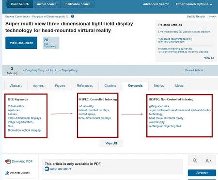 Looking at the Keyword tab in the same article, see terms listed under the headings IEEE Keywords, INSPEC Controlled Indexing, and INSPEC Non-Controlled Indexing