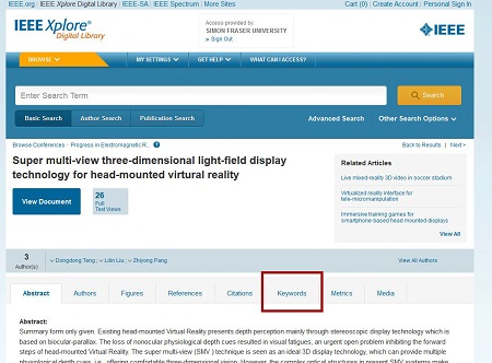 At page for an article ("Super multi-view three-dimensional light-field display technology for head-mounted virtural [sic] reality"), Keywords tab option is highlighted 