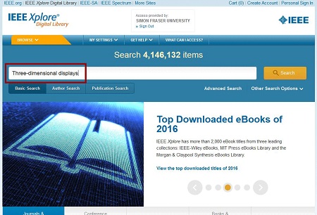 term "three-dimensional displays" is typed into the search box of the IEEE explorer database