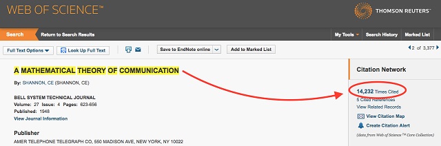The article title, "A Mathematical Theory of Communication," is highlighted, with an arrow pointing to "14,232 times cited" under Citation Network heading on the right.