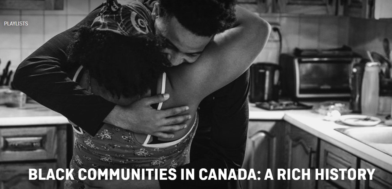 A man and a woman embrace in a kitchen. Text: Black communities in Canada: a rich history.