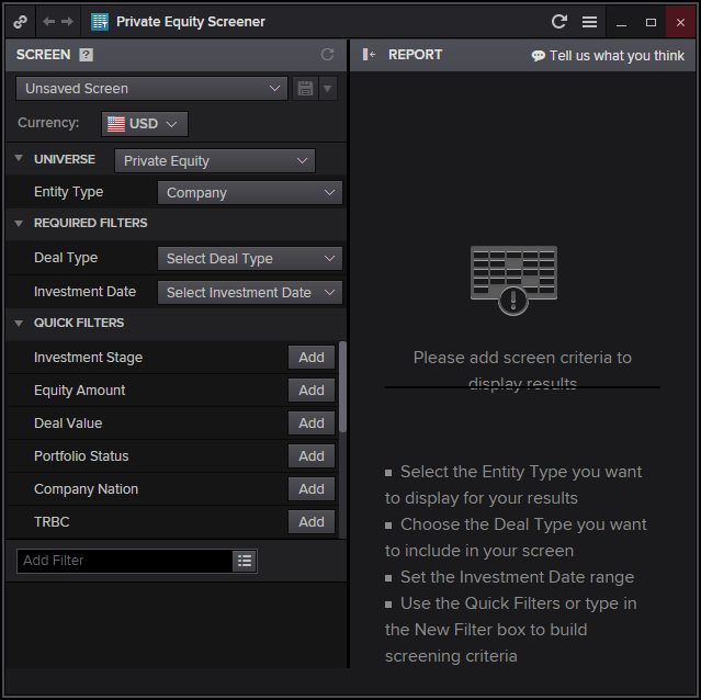 Screen capture from Eikon showing the search/filter screen for private equity. Intended to highlight the many Private Equity variables that could be searched & retrieved.