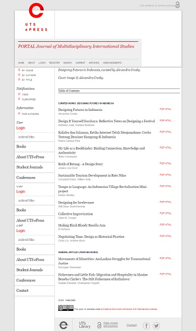 sample table of contents page from an academic journal, showing article titles and authors, as well as links for accessing each article.