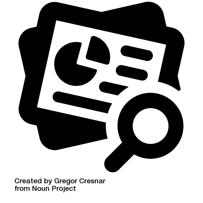 Black and white image showing a magnifying lens and a stack of papers with charts. Meant to represent the concept of "Research".