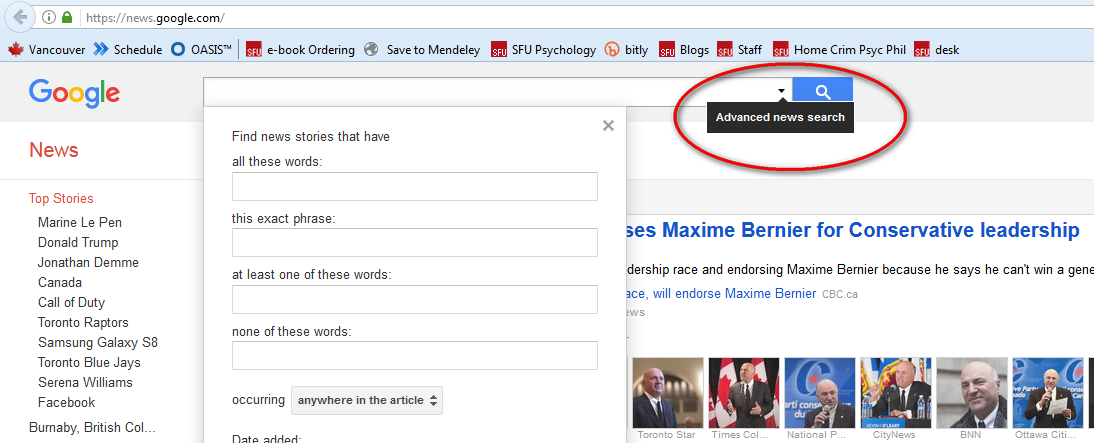 advanced search arrow on google news screen