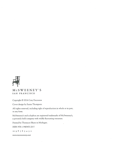 The reverse side of the title page of Cory Doctorow's book Information Doesn't Want to be Free