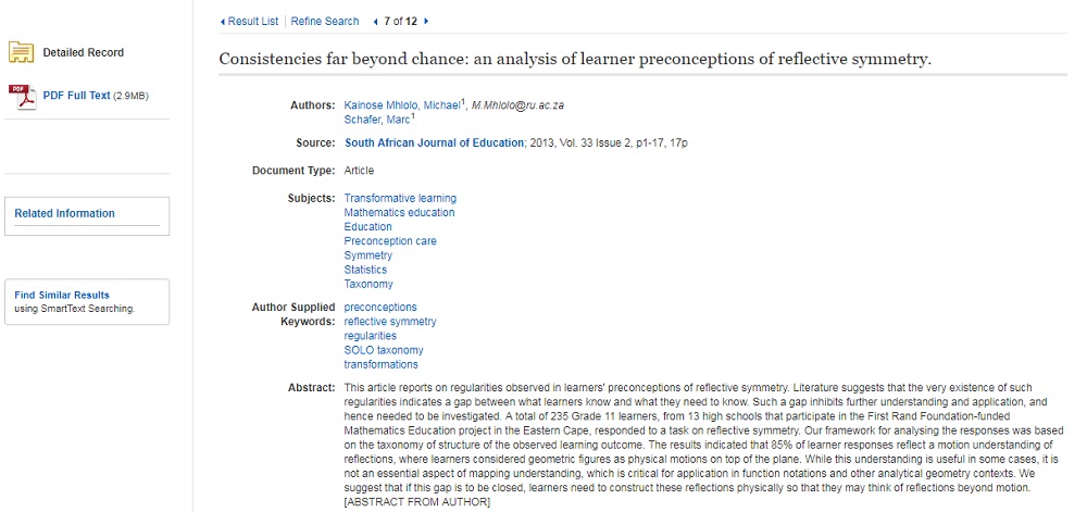 Journal article abstract as shown in a EBSCO database results list: "Consistencies far beyond chance: an analysis of learner preconceptions of reflective symmetry."