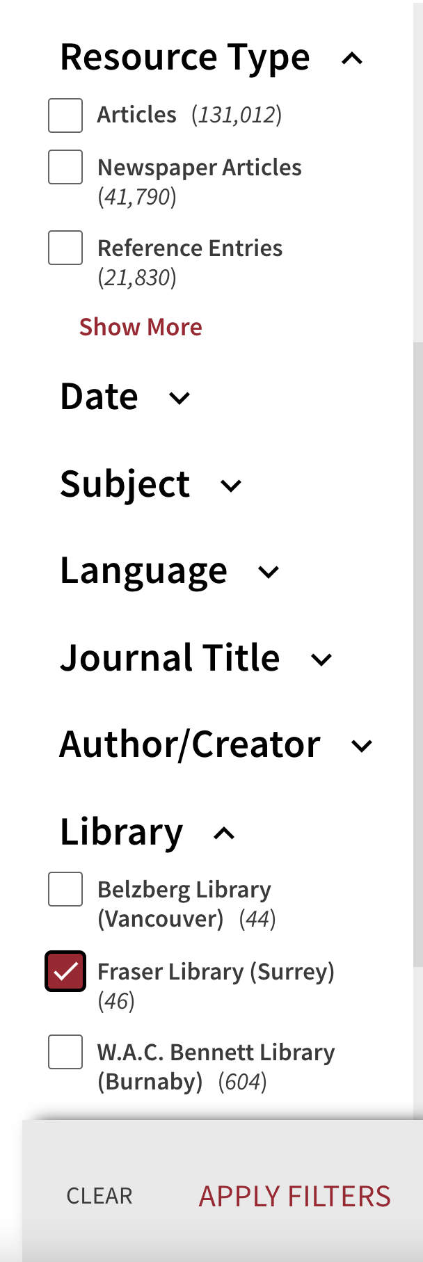 Choosing Fraser Library as an additional filter and apply filters button