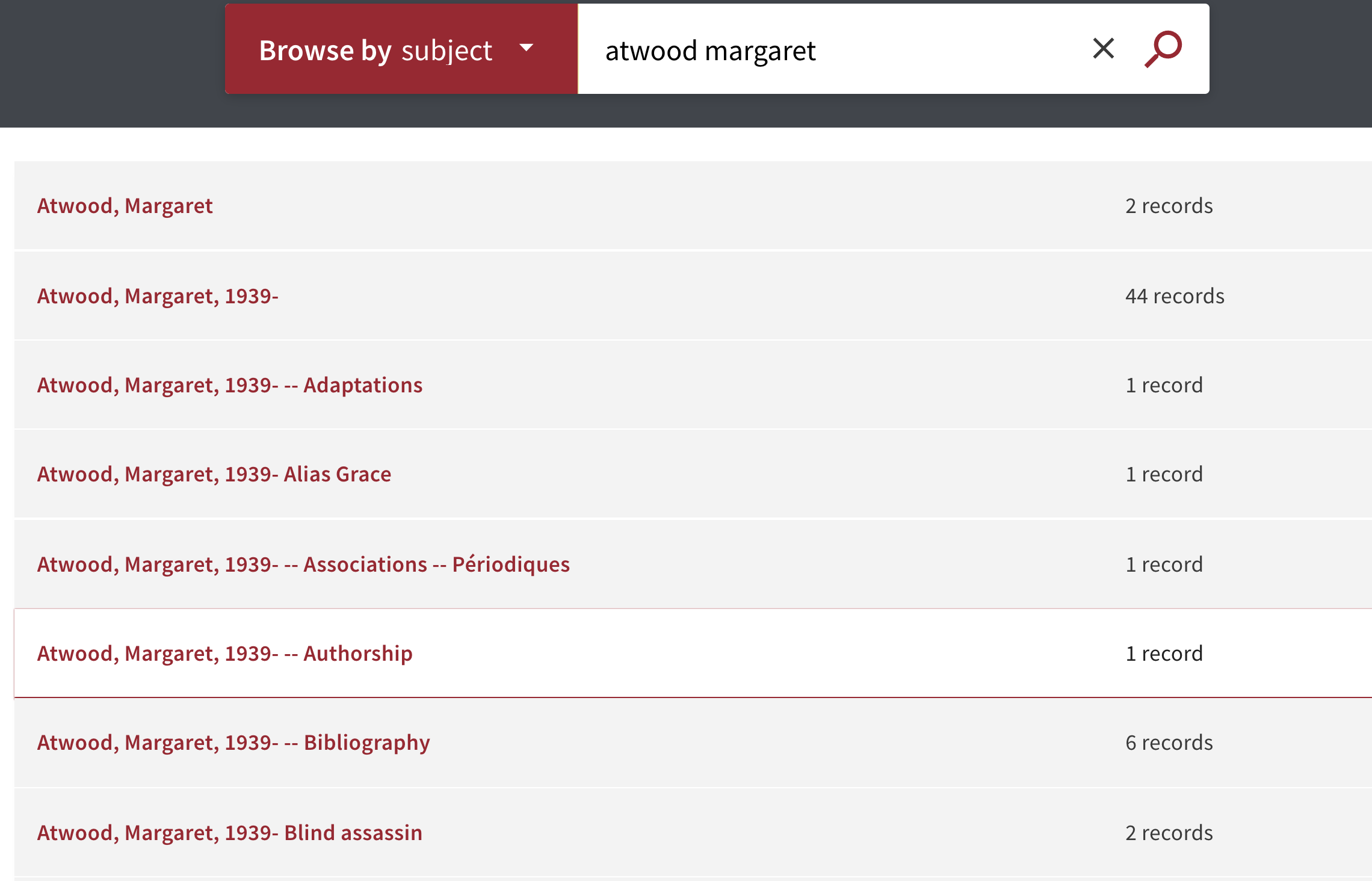 subject browse for atwood margaret