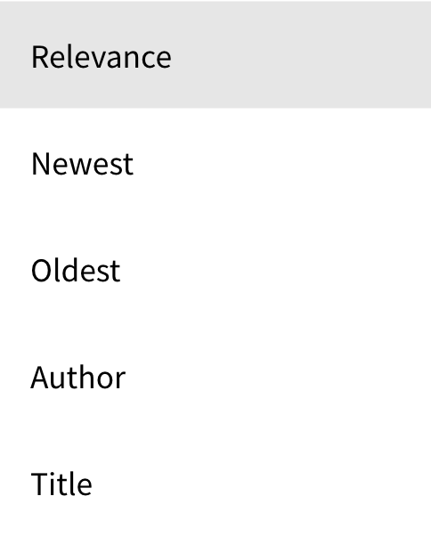 Sort by options include by relevance, newest, oldest, author and title