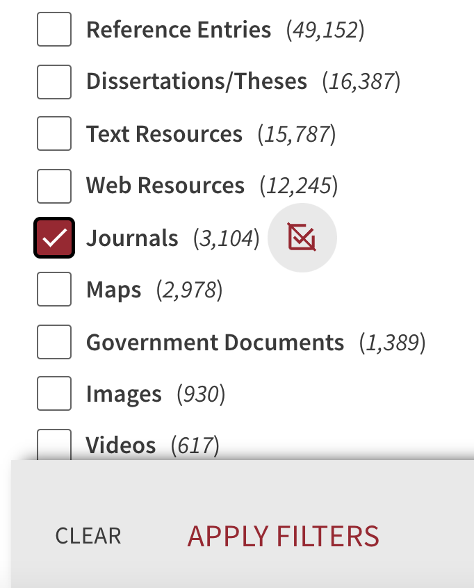 Journals selected among list of resource type filters