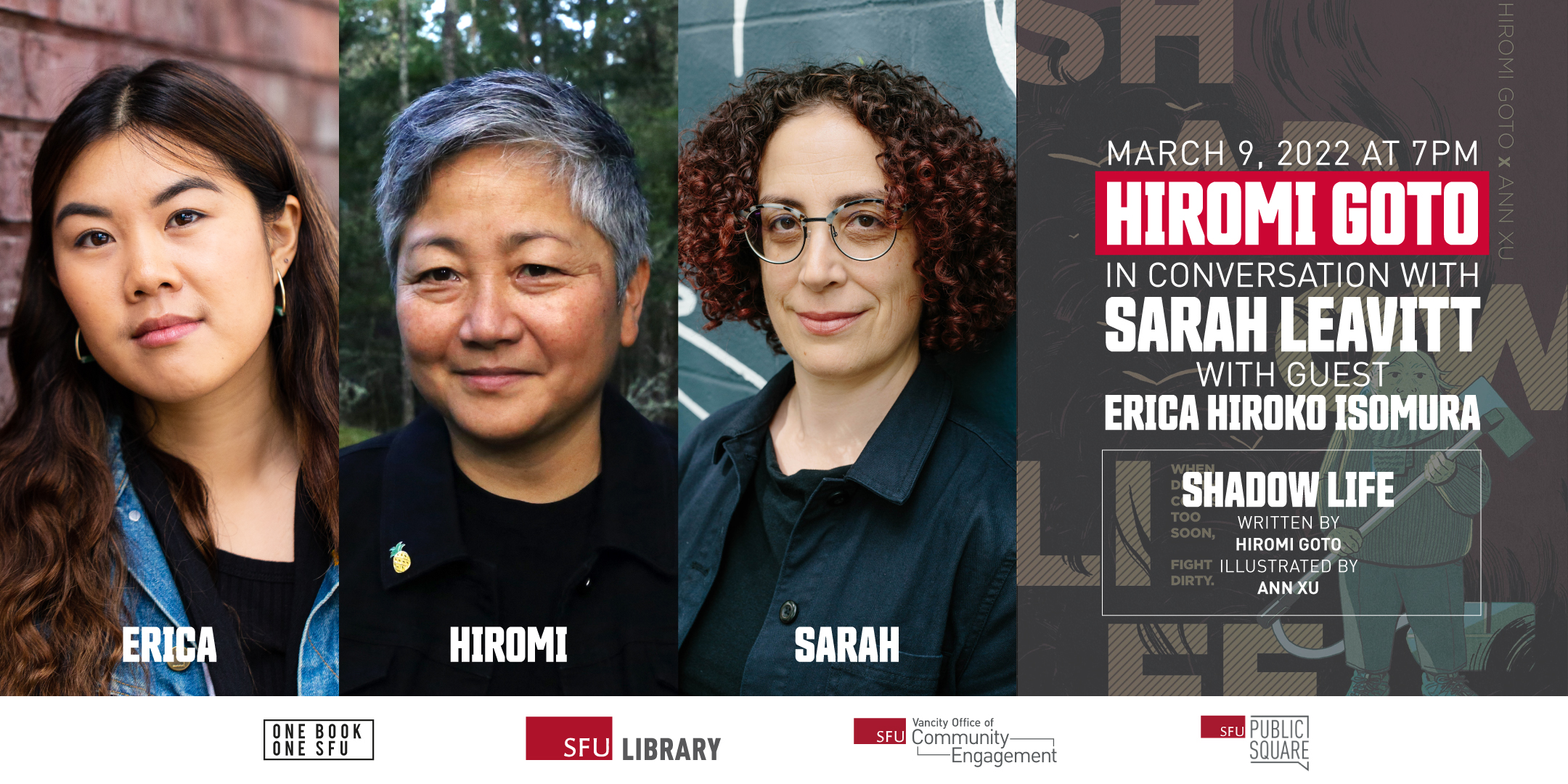 Banner for One Book One SFU event for Shadow Life by Hiromi Goto.