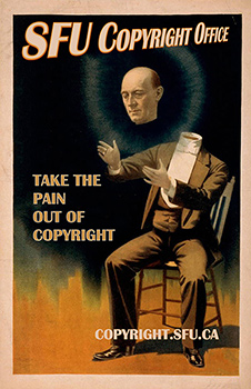 Old-fashioned poster of a magician whose head is floating away from his body. The text reads, "Take the pain out of copyright: copyright.sfu.ca"