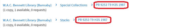 Call numbers in a catalogue record are highlighted with red lines around them