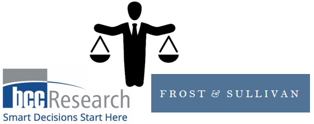 Logos for BCC Research and Frost and Sullivan with a black-and-white image of a business man holding weighing scales between them