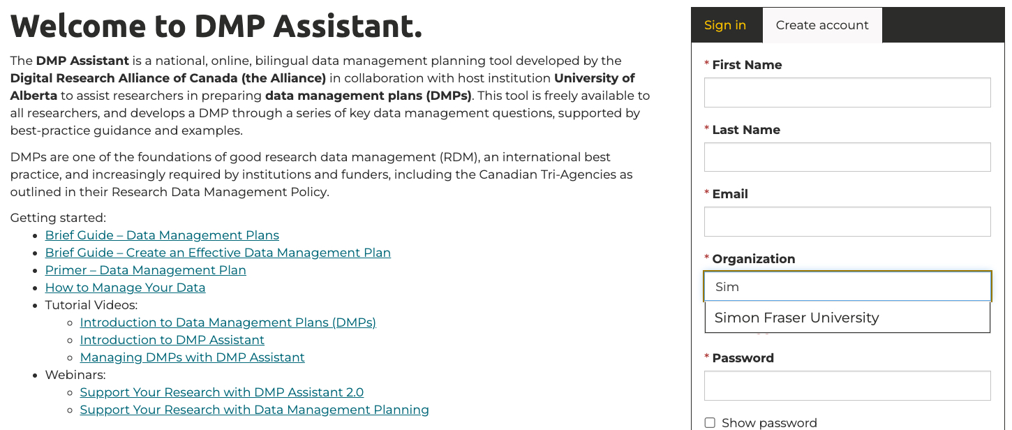 login page for the DMP Assistant showing SFU as the organization