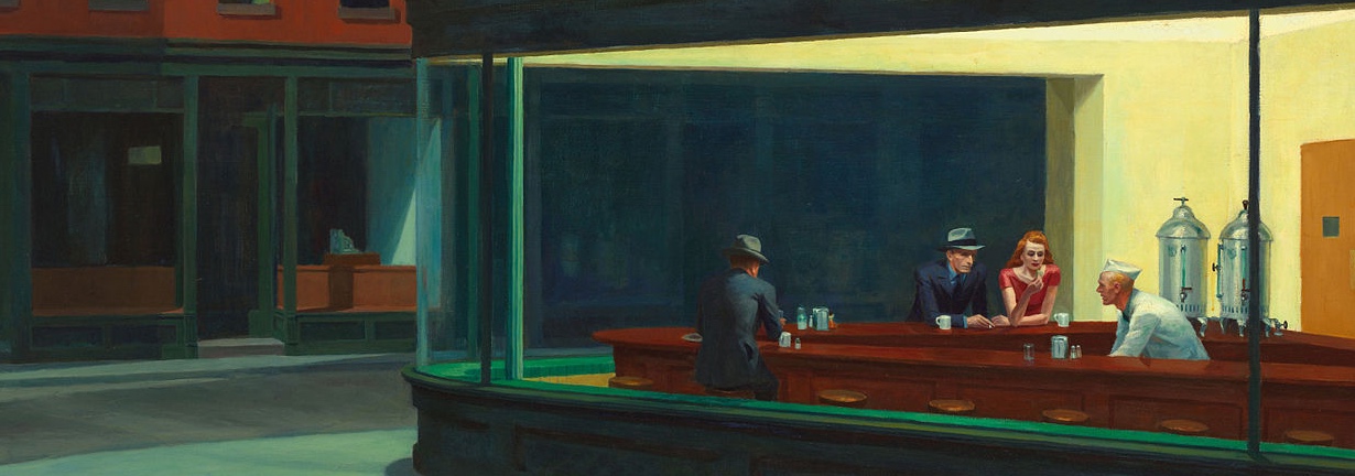 Nighthawks (detail) by Edward Hopper Detail from the painting Nighthawks, by Edward Hopper: people in a diner at night, as seen from outside.