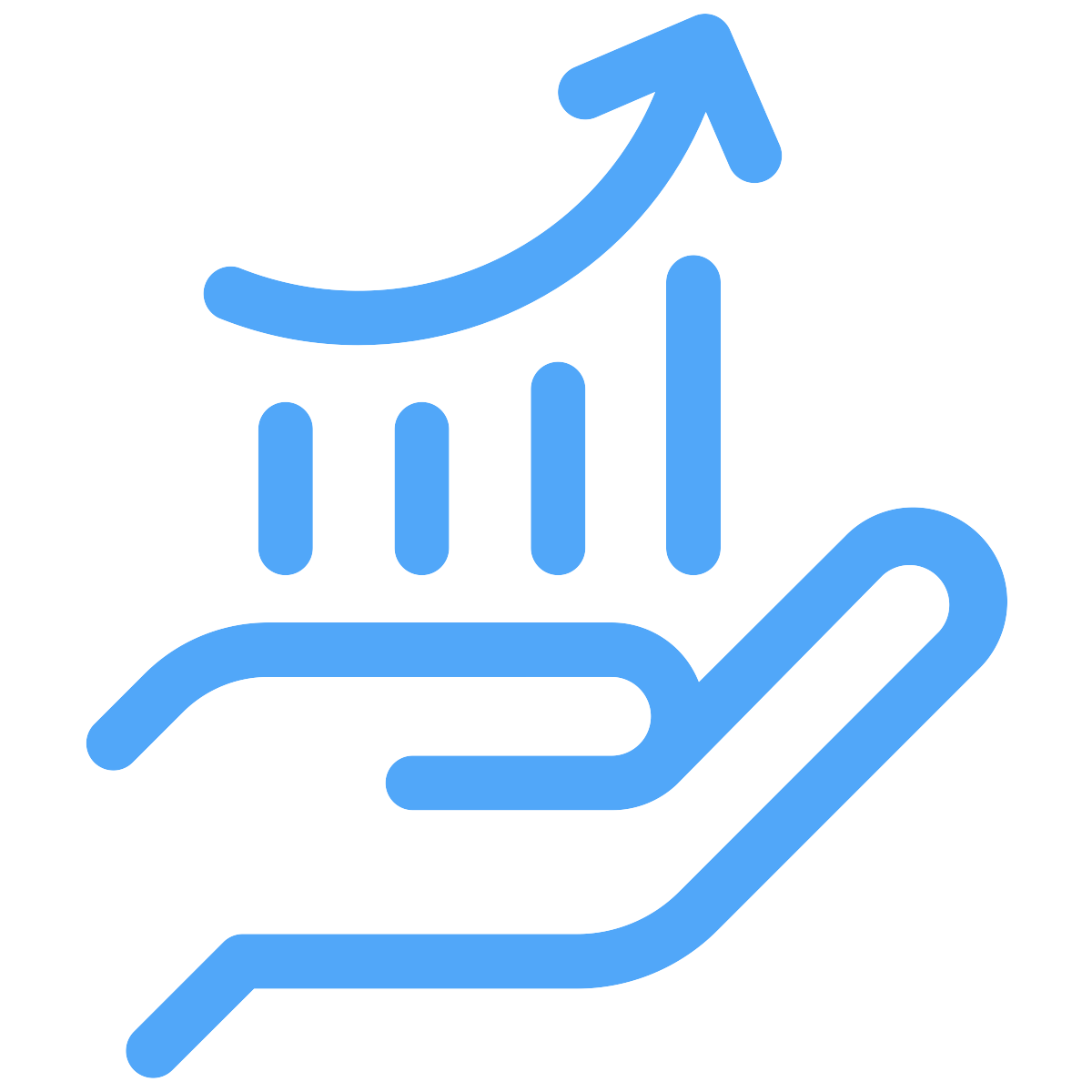 line drawing of a hand holding a barchart - meant to represent "data"